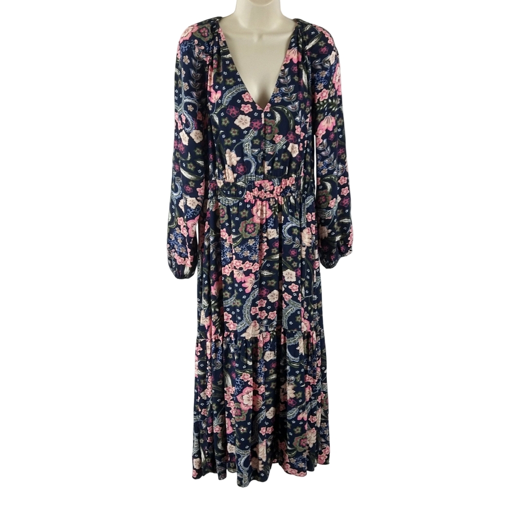 LOFT Navy and Pink Floral Long Sleeve Dress